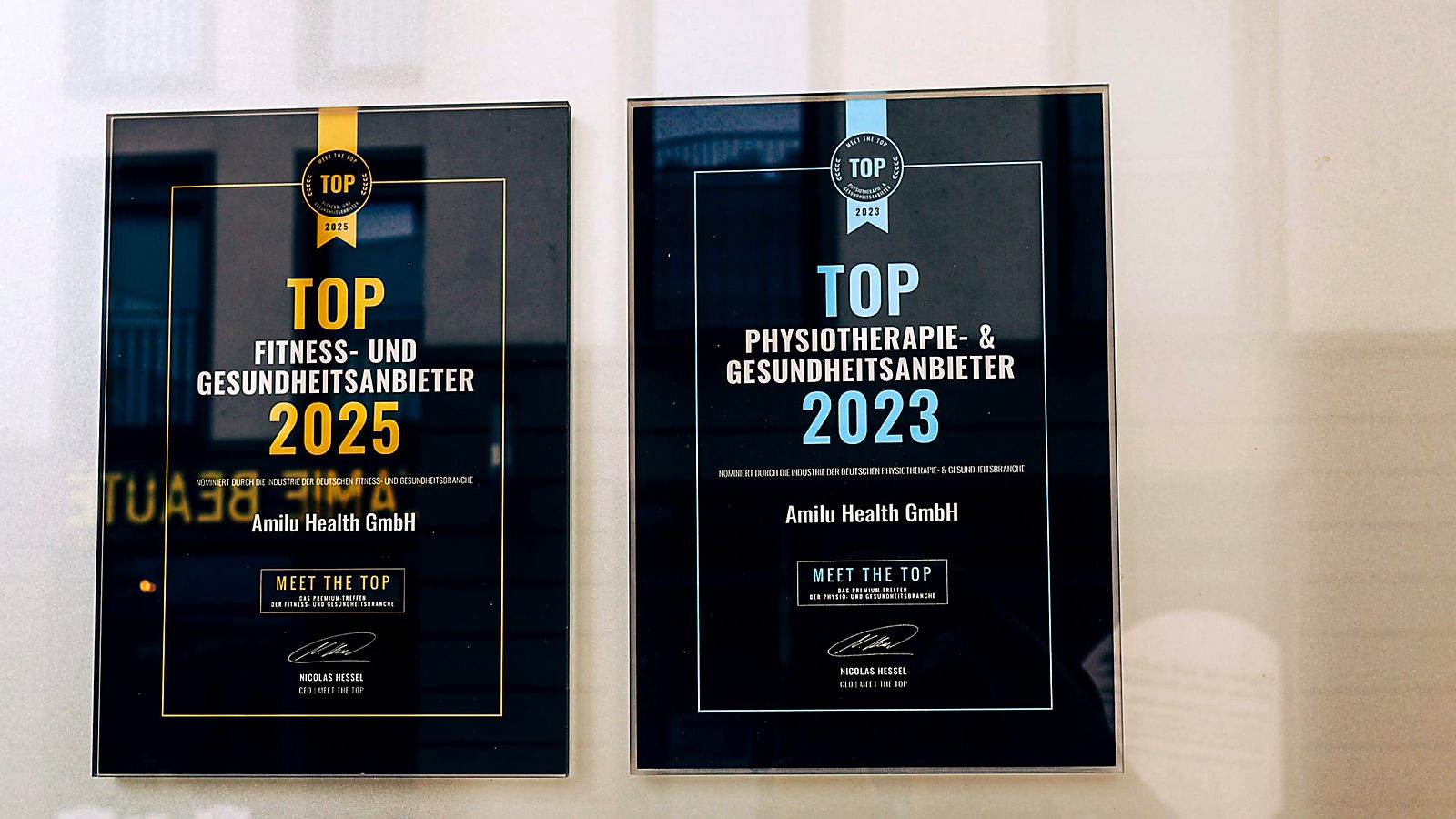 Auszeichnungen von AMILU: TOP Physiotherapie-Anbieter 2023 und TOP Fitness-Anbieter 2025